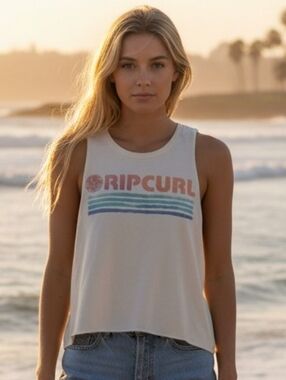 NEW! Rip Curl Cream Tank with Pink Logo and Blue Wave Stripes4351